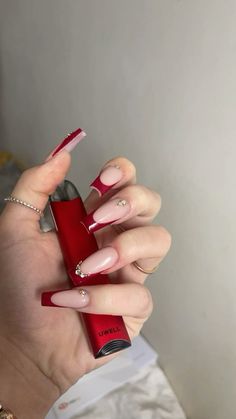 acrylic long red nails with gems Neon Red Acrylic Nails, Long Square Acrylic Nails Holiday, Red With Gems Nails, Red Nail Designs Diamonds, Crimson Red Nails Acrylic, Garnet Acrylic Nails, Long Christmas Nails Red, Latina Red Nails