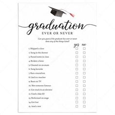 Are you looking for a fun Grad Party game? Play Ever or Never! This simple, yet elegant, grad party game with calligraphy font and watercolor graduation cap will have guests reminiscing of college years gone by.Have the graduate fill out the game card as an answer key before the party starts. Then compare their responses to what your party guests guessed. The player with the most correct wins bragging rights.This graduation game is a digital download. After purchase you will receive a download l Graduation Games Ideas, Grad Party Games, Graduation Game, Graduation Words, Funny Graduation Caps, Watercolor Graduation, Graduation Games, Graduation Party Games, Graduation Printables