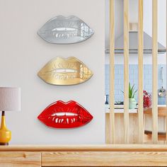 Save 15% with this 3-piece Set of Mix and Match Mirrored Lips Acrylic Wall Art. Mercer41 Finish: Silver/Gold/Red, Size: 14" H x 26" W x 1" D | Mercer41 Lips Mirror Wall Decor 14.0 H x 26.0 W x 1.0 D in red / pink / yellow in Silver / Gold / Red | 14" H x 26" W x 1" D | Wayfair | Home Decor Lips Mirror, Cool Lips, Lips Wall Art, Purple Soft, Silhouette Wall Art, 3d Wall Decor, Kissable Lips, Acrylic Mirror, Wall Decor Set