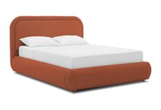 a bed with an orange headboard and two pillows on it's sides, in front of a white background