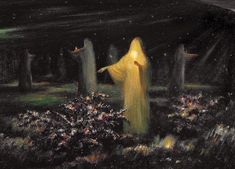 a painting of a woman standing in the woods at night with her arms spread out