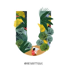 the letter u is made up of tropical plants and leaves, with an image of a man