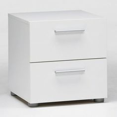 a white two drawer file cabinet with chrome handles on the bottom and one drawer open