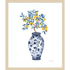 a blue and white vase with lemons on the top is shown in this watercolor painting