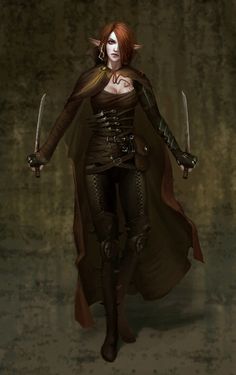 a woman with red hair and horns holding two swords