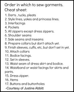 an order in which to sew garments is shown with instructions on how to use them