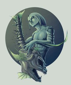 a drawing of a skeleton sitting on top of a dinosaur's head and holding a plant