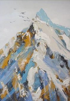 a painting of a mountain with birds flying over it