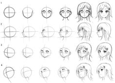 an anime character's head with different facial expressions and hair styles, all drawn by hand