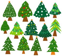 christmas trees with snowflakes and stars on them, set of nine different sizes