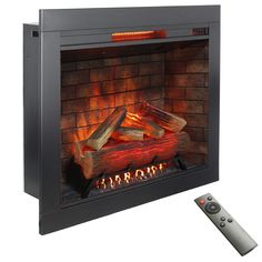 an electric fireplace with logs and remote control