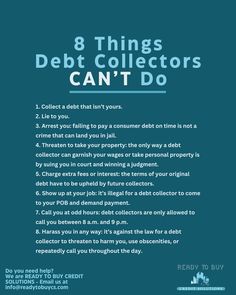 a blue poster with the words 8 things debt collectors can't do on it