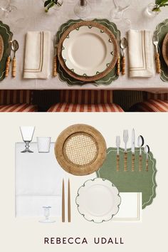 the table is set with white and green plates, silverware, napkins, and place settings