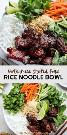 vietnamese grilled pork rice noodle bowl with carrots and cilantro on the side