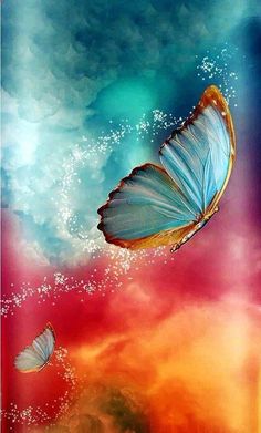 two butterflies flying in the sky with colorful clouds and water behind them on a phone case