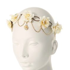 Cream Flower and Gold Chain Crown Headwrap | This cream flower crown is accented with loops of gold chains and has a single decadent pearl dangling in the front. Perfect for beautiful flower girl style. Chain Crown, Flower Crown Headband, Cream Flower, Burgundy Flowers, Ivory Flowers, Fashionable Jewelry, Cream Flowers, Flowering Vines, Fantasy Jewelry