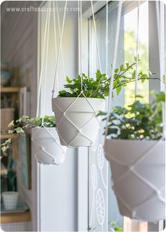 three hanging planters with plants in them on a window sill next to a door