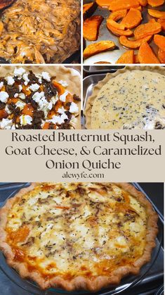 roasted butternut squash, goat cheese, and caramelized onion quiche with text overlay