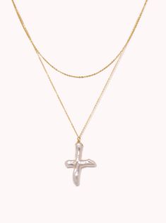 Gloria Pearl Cross Gold Cross Necklace With Pearl Charm, Elegant Gold Cross Necklace With Pearl Pendant, Gold Cross Pearl Necklace, Elegant Gold Cross Pearl Necklace, Pearl Cross Necklace, Layered Necklaces Silver, Gold Filled Necklace, Jewelry Accessories Ideas, Jewelry Lookbook