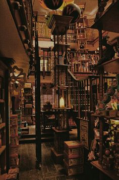 a room filled with lots of books and shelves full of stuff on top of them