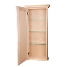 an empty wooden cabinet with glass shelves