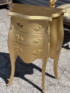 Vintage Real Solid Wood Chest of Drawers small commode painted in gold paint- pictures were taken on a bright sunny day W 21" x Depth 12" and Height of 30" Nightstand Gold, Gold Nightstand, Painted Chest Of Drawers, Dresser Diy, Paint Pictures, Boy Dresser, Wood Chest Of Drawers, Bright Sunny Day, Gold Side Table