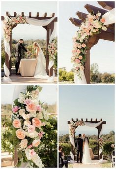 a couple getting married in front of an arch with flowers and greenery on it