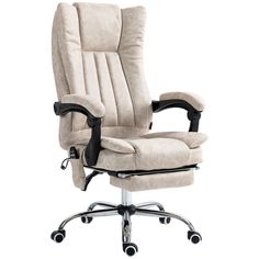 an office chair with wheels on the back and seat upholstered in beige fabric