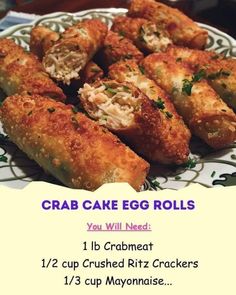 crab cake egg rolls on a plate with instructions for how to make them in the microwave