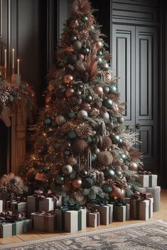 a decorated christmas tree with presents under it