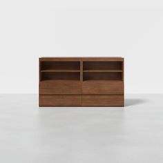 the sideboard is made out of wood and has two open shelves on each side