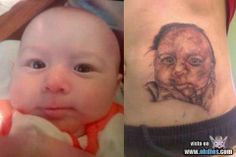 a baby with a tattoo on it's side next to an image of a man