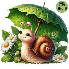 a snail is sitting under an umbrella with daisies