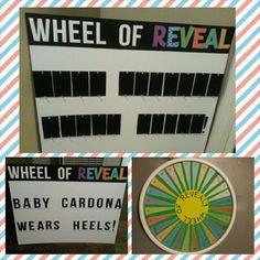 a wheel of reveal sign next to a baby carriage door with stickers on it