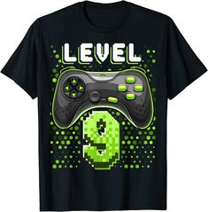 a black t - shirt with an image of a video game controller on it that says level