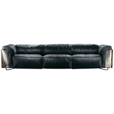 a black leather couch with chrome legs and armrests on an isolated white background