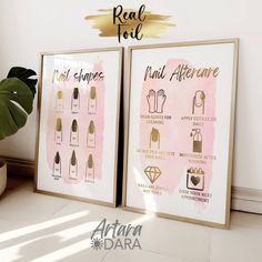 Nail Salon Decor, Nail Aftercare Sign, Real Foil Print, Nail Shape Poster, Nails Wall Art, Watercolor Nail Art, Nail Technician Gift   Set of 2 UNFRAMED poster Unique prints combining high-quality color and foil printing  will become an exquisite decoration for your office or home! All posters are printed on smooth, thick paper 250 mg. Please note, this is an intricate handmade piece and each poster is printed specifically for you, so the foil coating may have tiny imperfections. This is normal Nail Aftercare, Watercolor Nail Art, Water Color Nails, Foil Printing, Nail Salon Decor, Shape Posters, Wall Art Watercolor, Unique Prints, Salon Decor