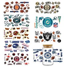 various nfl stickers and decals are displayed on a white background, including a mason jar