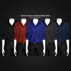 six male mannequins with different colored shirts on display in front of a black background