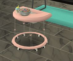 a pink table sitting on top of a tiled floor