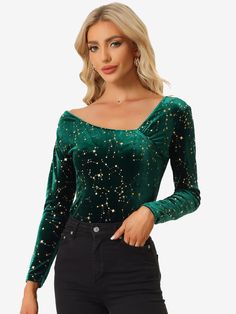 Shop Allegra K for velvet stars top long sleeve off shoulder sexy party shirt you are looking for, get more women's blouses for yourelf. Order now! Free Returns! Leggings Shorts, Shorts Skirts, Velvet Top, Black Velvet Dress, Elegant Blouses, Jeans Leggings, Star Top, Tweed Dress, Velvet Tops