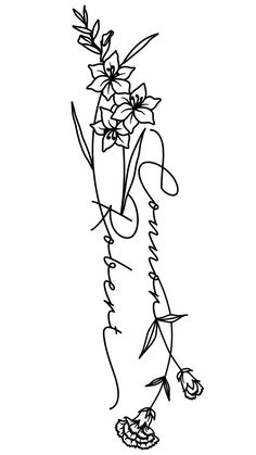 a black and white drawing of flowers in a vase with writing on the bottom that says,