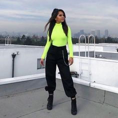 Womens Black Suit, Black Suit Outfit, Ropa Color Neon, Neon Bodysuit, Suit Outfit, Neon Outfits, Cargo Pants Outfit, Neon Fashion, Black Suit