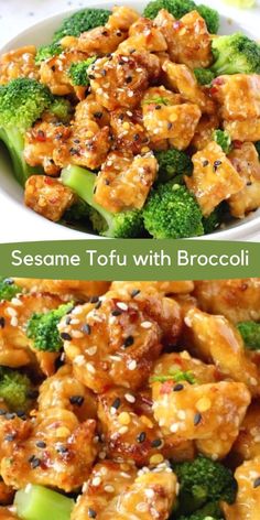 chicken and broccoli with sesame seeds in a white bowl