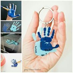 handprinted keychain made to look like someones hand with blue paint on it