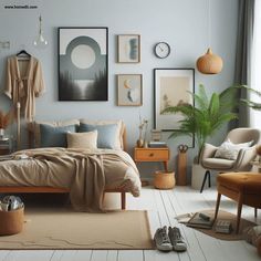 a bedroom decorated in neutral colors with pictures on the wall