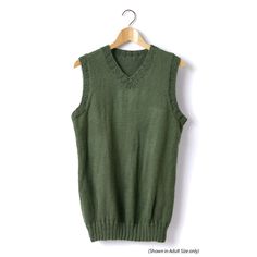 a green sweater vest hanging on a wooden hanger