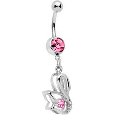 Clear Pink CZ Gem Floating Modernist Swan Dangle Belly Ring A floating swan contains a floating surprise! This 14 gauge navel ring is made with a 7/16" durable 316L surgical grade stainless steel curved barbell and has a pink gem set into the bottom ball end. Dangling from that is an elegantly modernist swan, with three small clear gems set at its breast. But what is that dancing so tantalizingly from the center? It's a pink cubic zirconia gem suspended in such a way that it has a small range of Pink Internally Threaded Belly Rings As Gift, Pink Dangle Belly Rings As Gift, Pink Dangle Belly Rings For Gift, Heart-shaped Pink Belly Rings For Gift, Swan Float, Cheap Nickel-free Dangle Belly Rings, Accessories Board, Dangle Belly Rings, Navel Ring