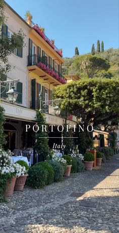 an image of the front of a building with flowers in pots on the sidewalk and trees around it