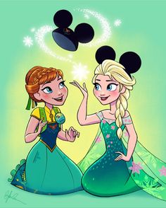 two disney princesses talking to each other in front of a mickey mouse and minnie mouse